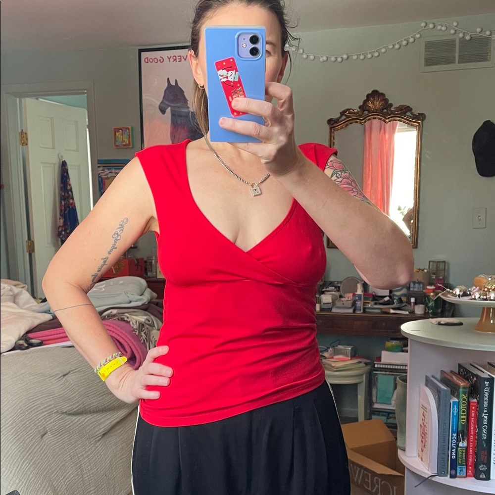 Red V-Neck Women's Top